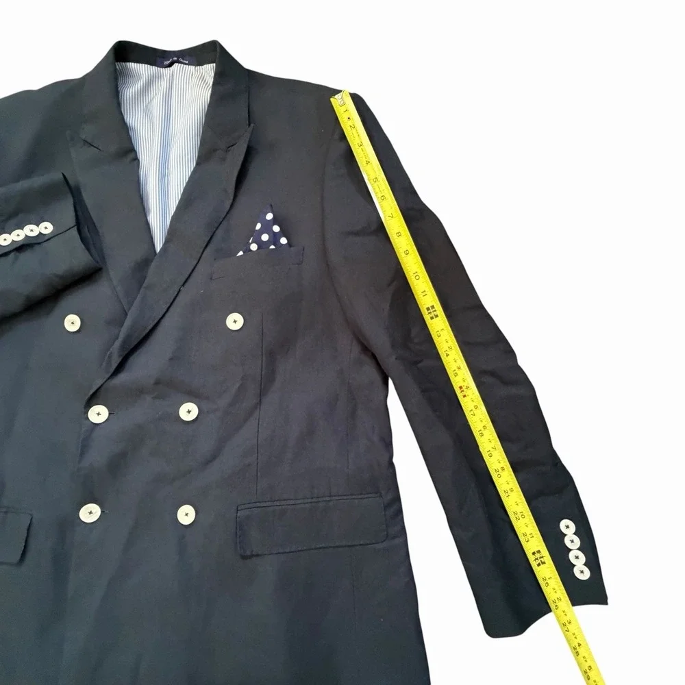 Alan Flusser Mens Navy Linen Blend Double Breasted Blazer Sport Coat 44R Classic
